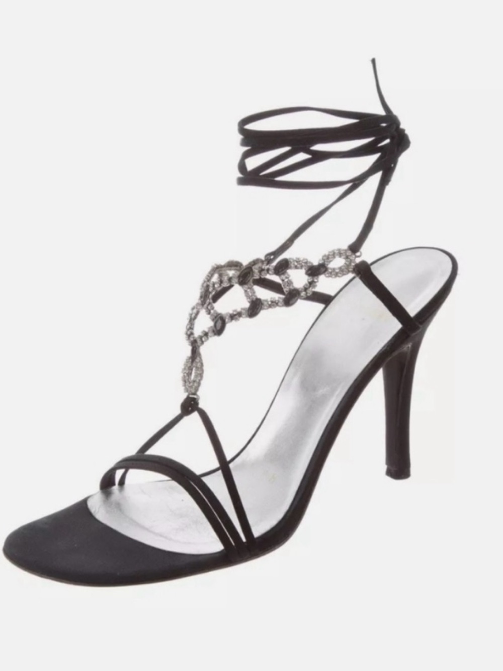Stuart Weitzman Lightshow Black Satin Stiletto Heel Sandals Crystal 7.5 EUC